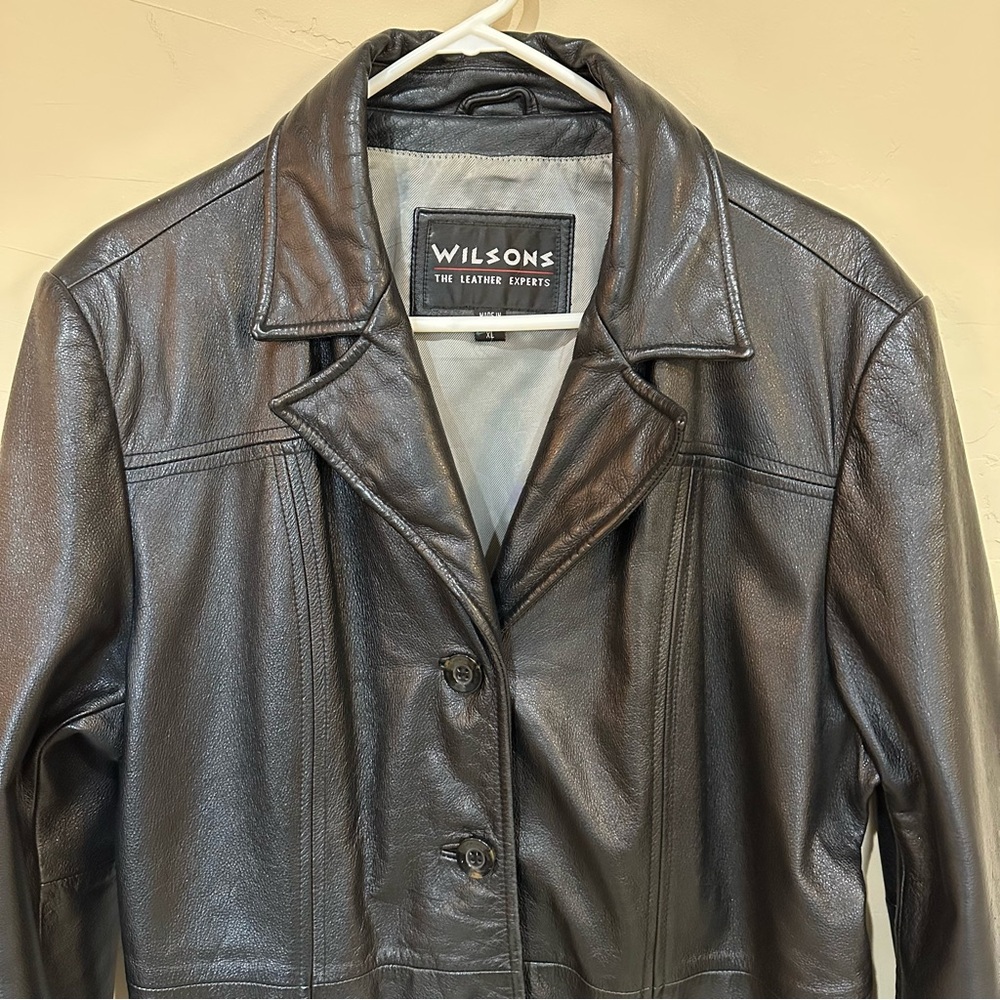 Wilsons Black Genuine Leather button front Jacket thick heavy collar pockets XL - Picture 4 of 15